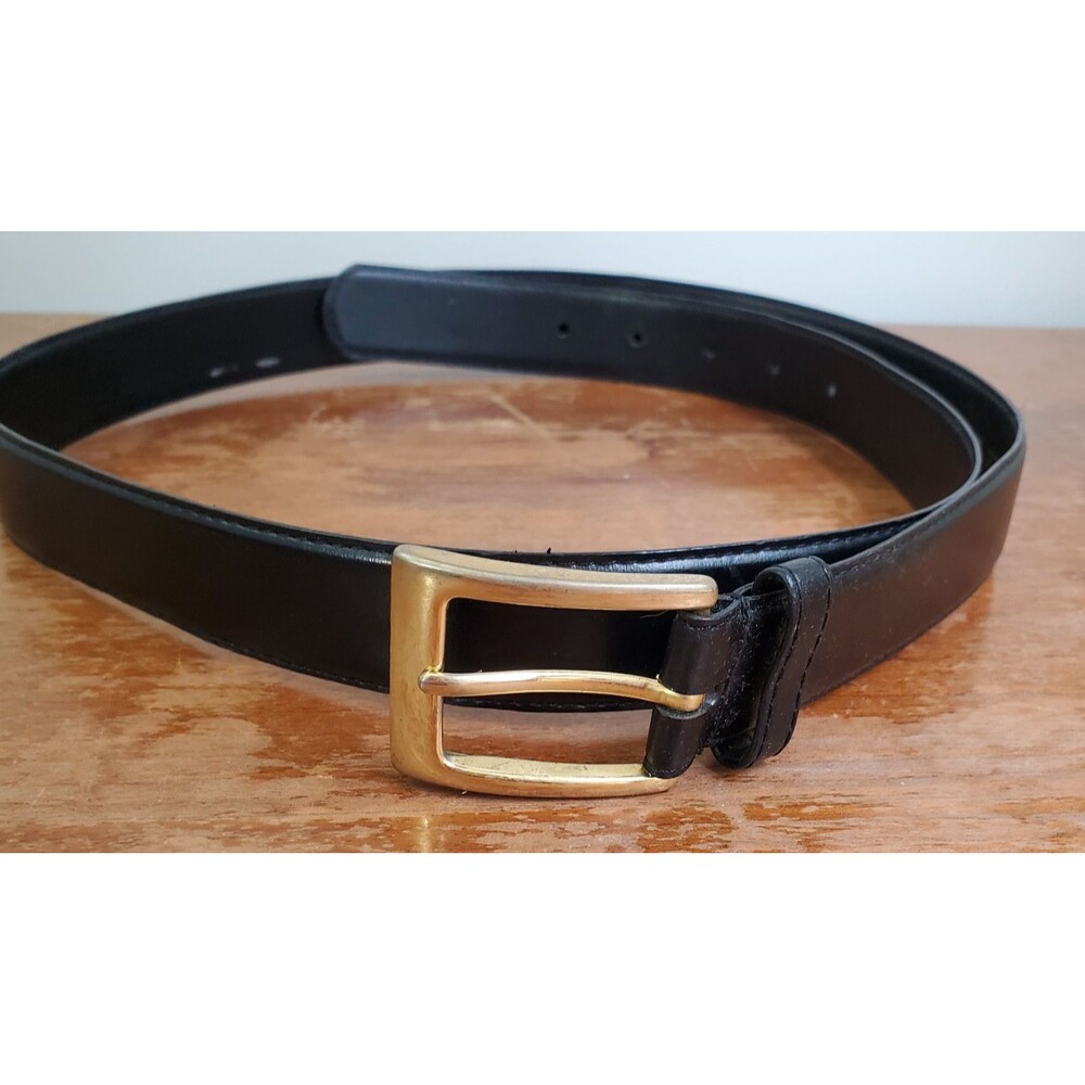Vintage Leather Belt Mens 38 Black Goldtone Brass Buckle 1.25" width Korea 90s